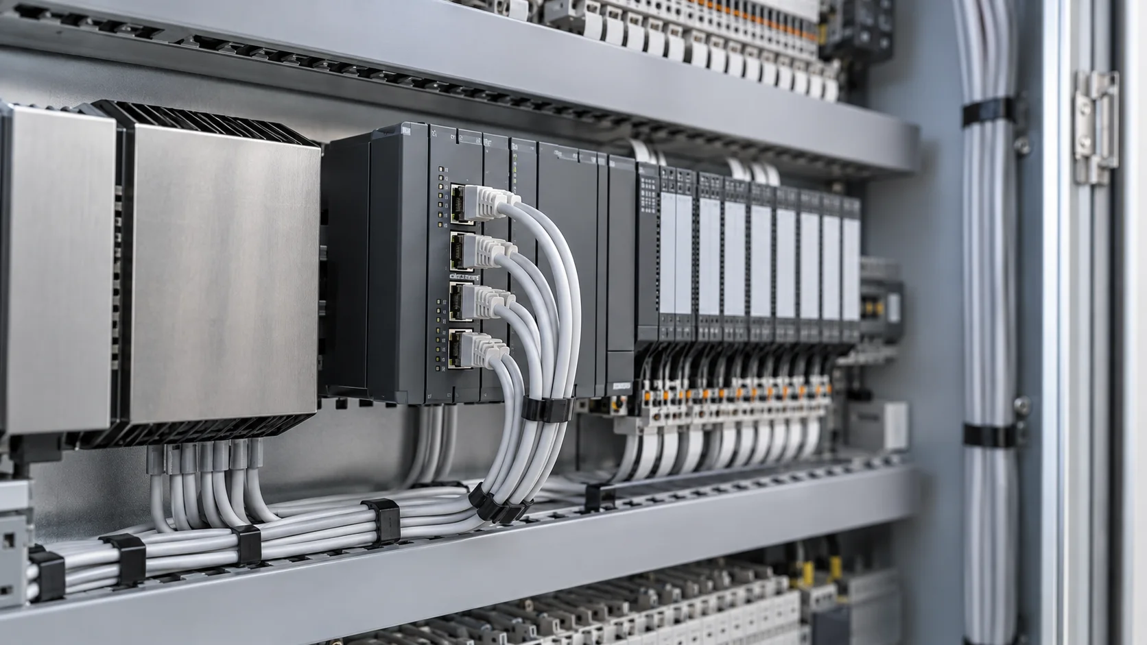 Close-up of an industrial control cabinet and Ethernet connections, illustration