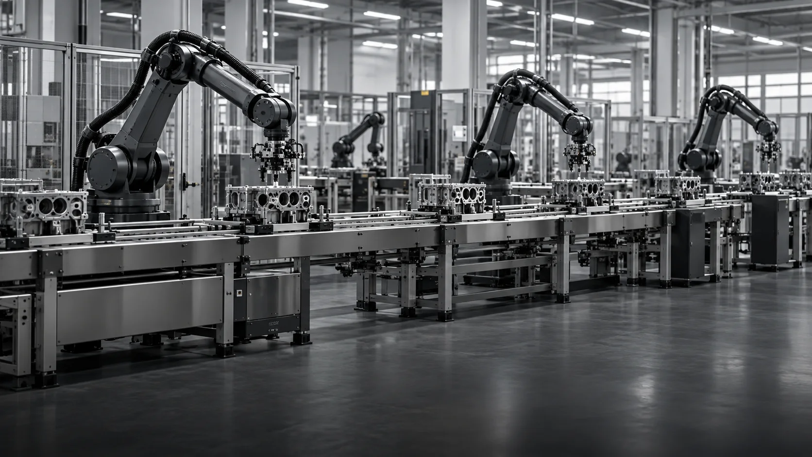 Automated industrial robot cell under white lighting, illustration