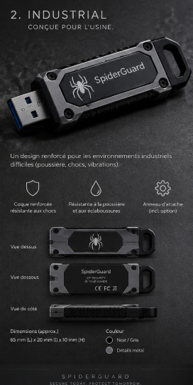 Reinforced black SpiderGuard device with USB connector and spider emblem